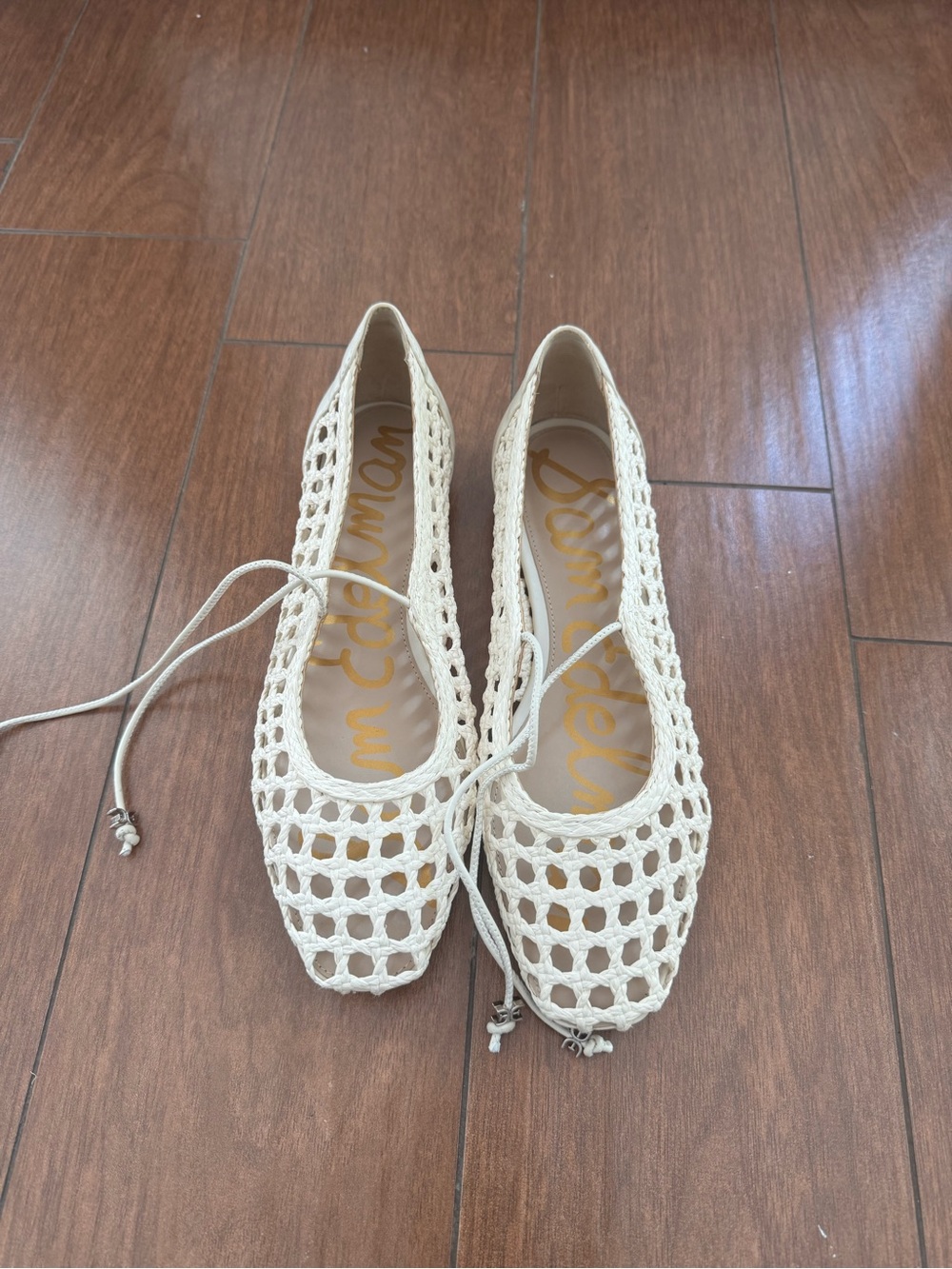 Sam Edelman Cream Crochet Lace-Up Flats
